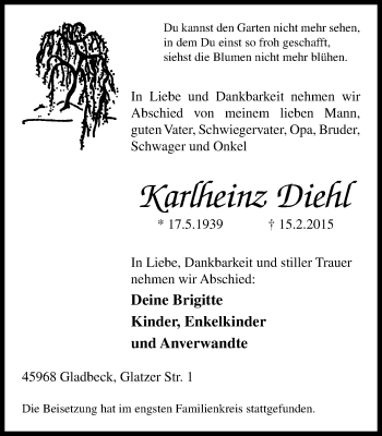 Traueranzeige von Karlheinz Diehl von Stadtspiegel Gladbeck