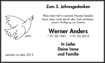 Traueranzeige von Werner Anders von Stadtspiegel Iserlohn + Hemer
