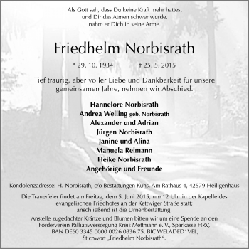 Traueranzeige von Friedhelm Norbisrath von Stadtanzeiger Velbert + Heiligenhaus