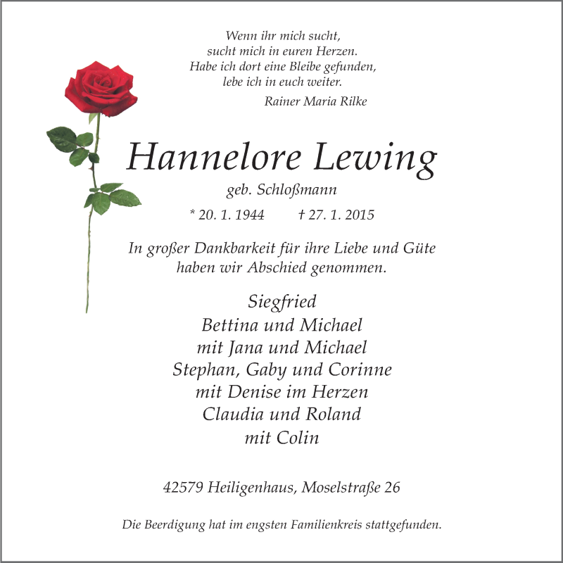  Traueranzeige für Hannelore Lewing vom 14.02.2015 aus WVW Anzeigenblätter