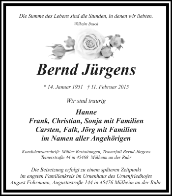 Traueranzeige von Bernd Jürgens von WVW Anzeigenblätter