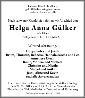 Traueranzeige von Helga Anna Gülker von Stadtanz.Castrop-Rauxel