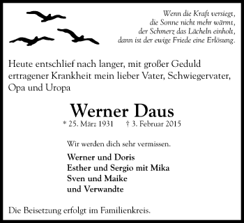 Traueranzeige von Werner Daus von Wochen-Anzeiger Oberhausen