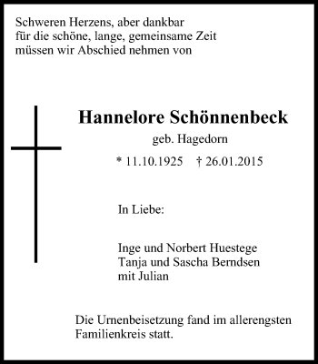 Traueranzeige von Hannelore Schönnenbeck von WVW Anzeigenblätter