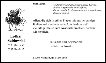 Traueranzeige von Lothar Sablowski von Stadtspiegel Menden + Froendenberg