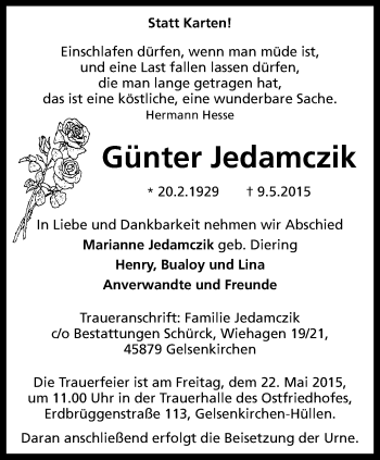 Traueranzeige von Günter Jedamczik von Stadtspiegel Gelsenkirchen