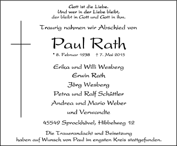Traueranzeige von Paul Rath von Stadtspiegel Hattingen/Niedersprockhövel