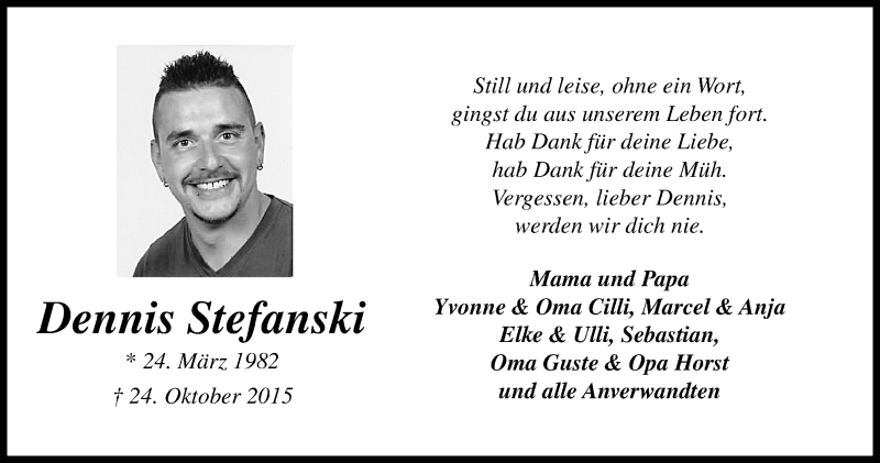  Traueranzeige für Dennis Stefanski vom 31.10.2015 aus Stadtanz.Castrop-Rauxel