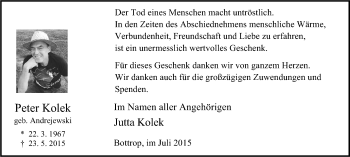Traueranzeige von Peter Kolek von Stadtspiegel Bottrop