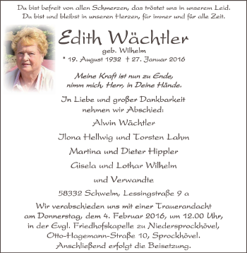Traueranzeige von Edith Wächtler von Stadtspiegel Hattingen/Niedersprockhövel