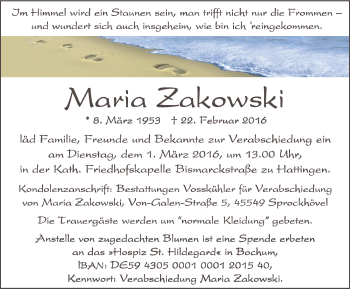 Traueranzeige von Maria Zakowski von Stadtspiegel Hattingen/Niedersprockhövel