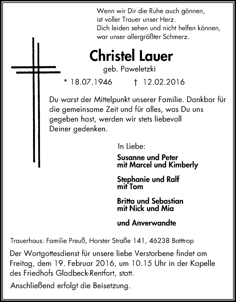  Traueranzeige für Christel Lauer vom 17.02.2016 aus Stadtspiegel Gladbeck