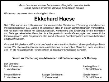 Traueranzeige von Ekkehard Haese von Stadtspiegel Bottrop