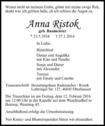 Traueranzeige von Anna Ristok von Wochen-Anzeiger Oberhausen