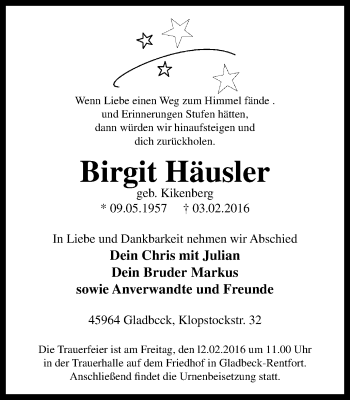 Traueranzeige von Birgit Häusler von Stadtspiegel Gladbeck