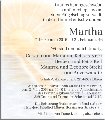 Traueranzeige von Martha  von Lüner Anzeiger