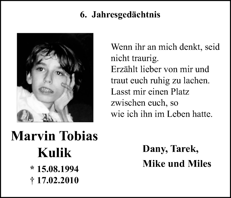  Traueranzeige für Marvin Tobias Kulik vom 17.02.2016 aus Wochenblatt Herne/Wanne-Eickel