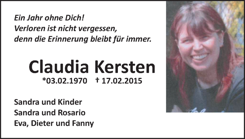  Traueranzeige für Claudia Kersten vom 17.02.2016 aus Gocher Wochenblatt