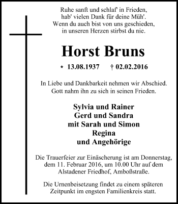 Traueranzeige von Horst Bruns von Wochen-Anzeiger Oberhausen
