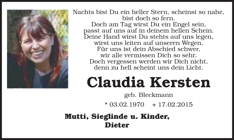  Traueranzeige für Claudia Kersten vom 17.02.2016 aus Gocher Wochenblatt