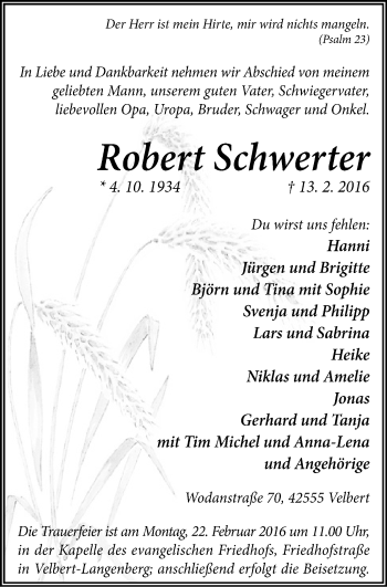 Traueranzeige von Robert Schwerter von Stadtanzeiger Velbert + Heiligenhaus