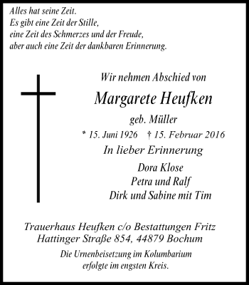 Traueranzeige von Margarete Heufken von Stadtspiegel Bochum