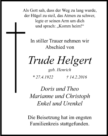 Traueranzeige von Trude Helgert von Wochen-Anzeiger Oberhausen