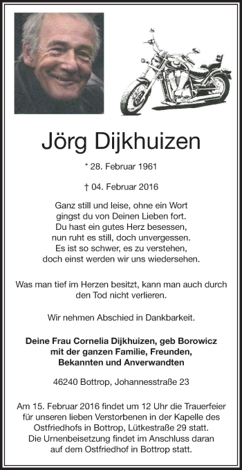 Traueranzeige von Jörg Dijkhuizen von Stadtspiegel Bottrop