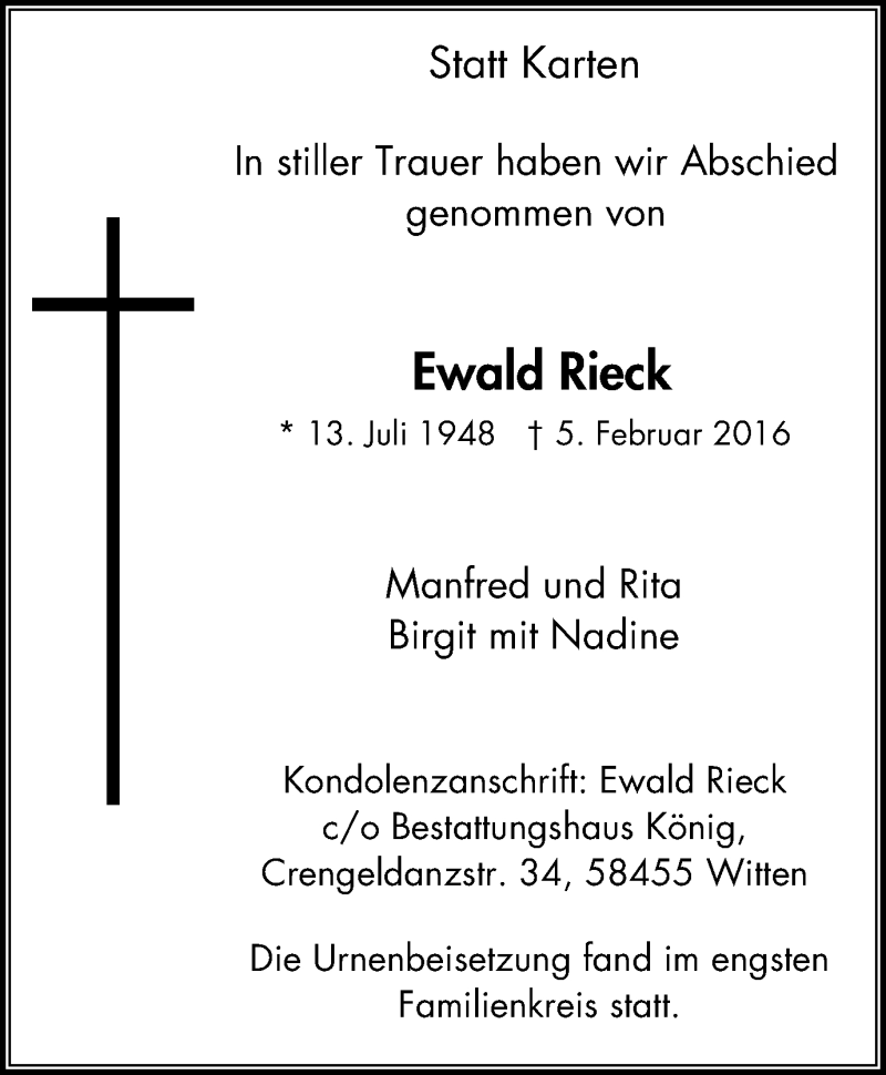  Traueranzeige für Ewald Rieck vom 13.02.2016 aus Witten aktuell