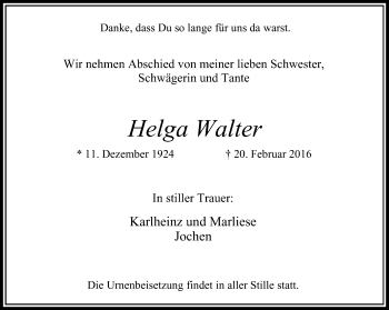 Traueranzeige von Helga Walter von Stadtanzeiger Velbert + Heiligenhaus