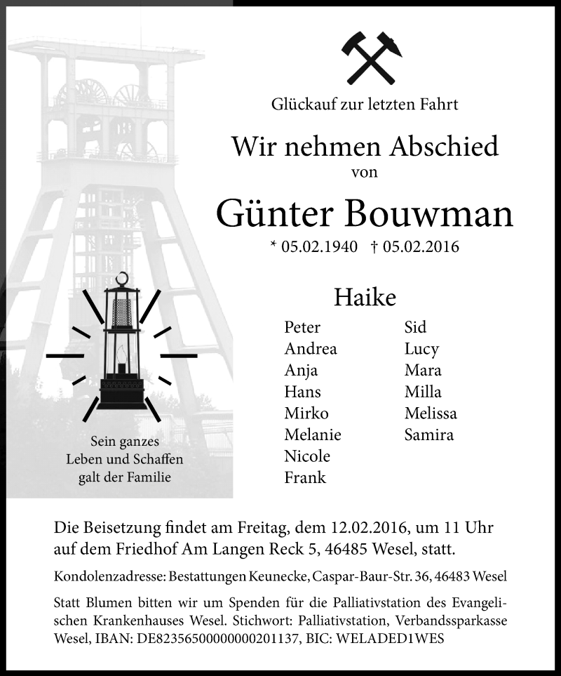  Traueranzeige für Günter Bouwman vom 10.02.2016 aus Der Weseler + Der Xantener