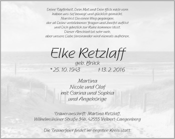 Traueranzeige von Elke Retzlaff von Stadtanzeiger Velbert + Heiligenhaus
