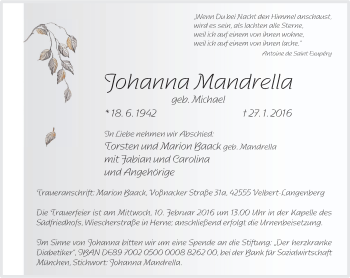 Traueranzeige von Johanna Mandrella von Wochenblatt Herne/Wanne-Eickel