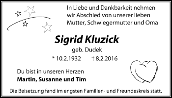 Traueranzeige von Sigrid Kluzick von Stadtspiegel Gelsenkirchen
