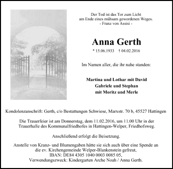 Traueranzeige von Anna Gerth von Stadtspiegel Hattingen/Niedersprockhövel