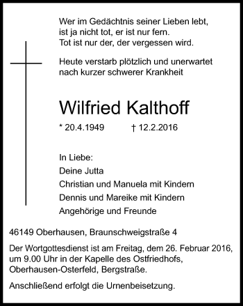 Traueranzeige von Wilfried Kalthoff von Wochen-Anzeiger Oberhausen
