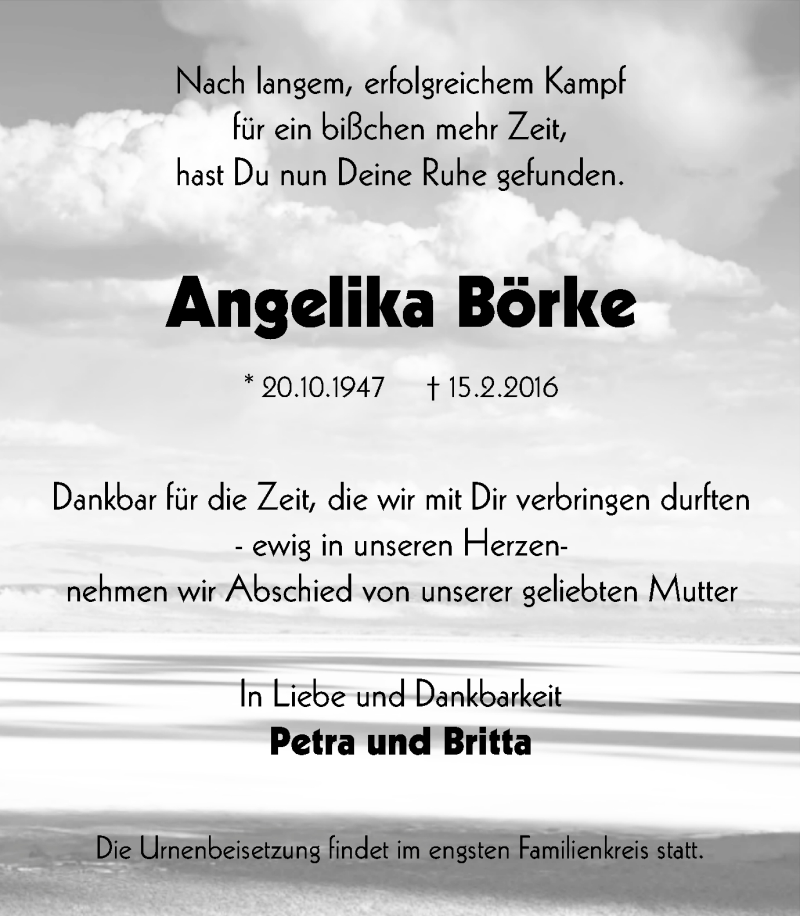  Traueranzeige für Angelika Börke vom 20.02.2016 aus Wochen-Anzeiger Duisburg