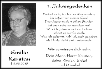 Traueranzeige von Emilie Kerstan von Stadtspiegel Iserlohn + Hemer