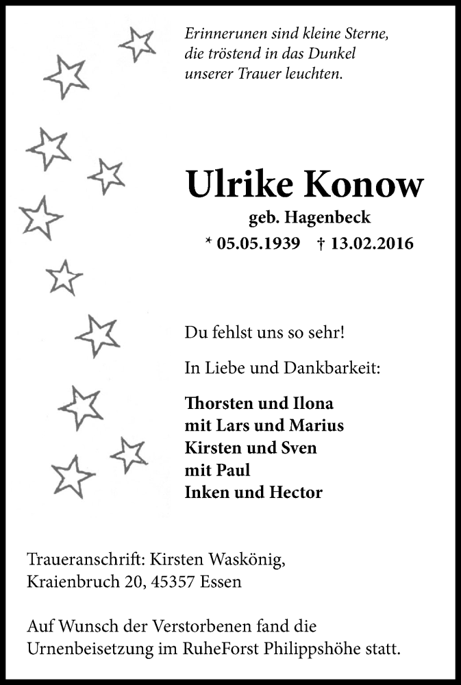  Traueranzeige für Ulrike Konow vom 27.02.2016 aus Wochen-Anzeiger Oberhausen