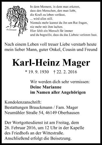 Traueranzeige von Karl-Heinz Mager von Wochen-Anzeiger Oberhausen