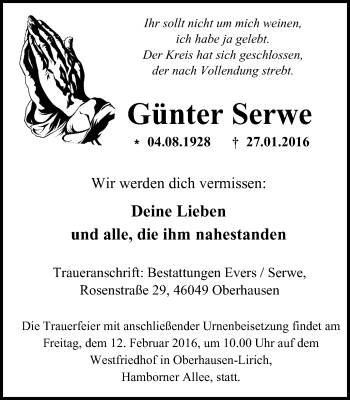 Traueranzeige von Günter Serwe von Wochen-Anzeiger Oberhausen