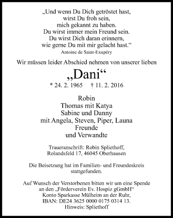Traueranzeige von Dani  von Mülheimer Woche