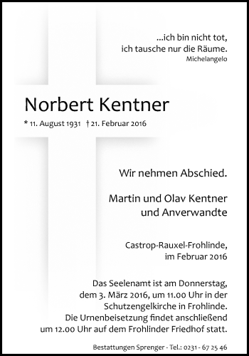 Traueranzeige von Norbert Kentner von Stadtanz.Castrop-Rauxel