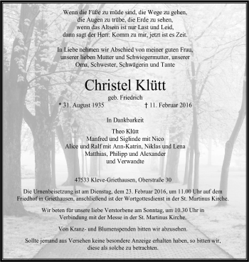 Traueranzeige von Christel Klütt von Klever Wochenblatt