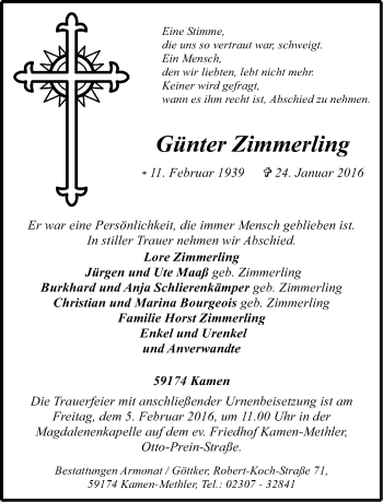 Traueranzeige von Günter Zimmerling von Stadtspiegel Kamen + Unna