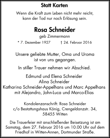 Traueranzeige von Rosa Schneider von Witten aktuell
