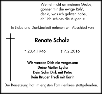 Traueranzeige von Renate Scholz von Stadtspiegel Gladbeck