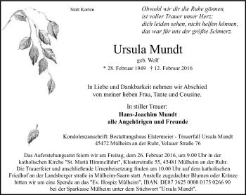Traueranzeige von Ursula Mundt von Mülheimer Woche