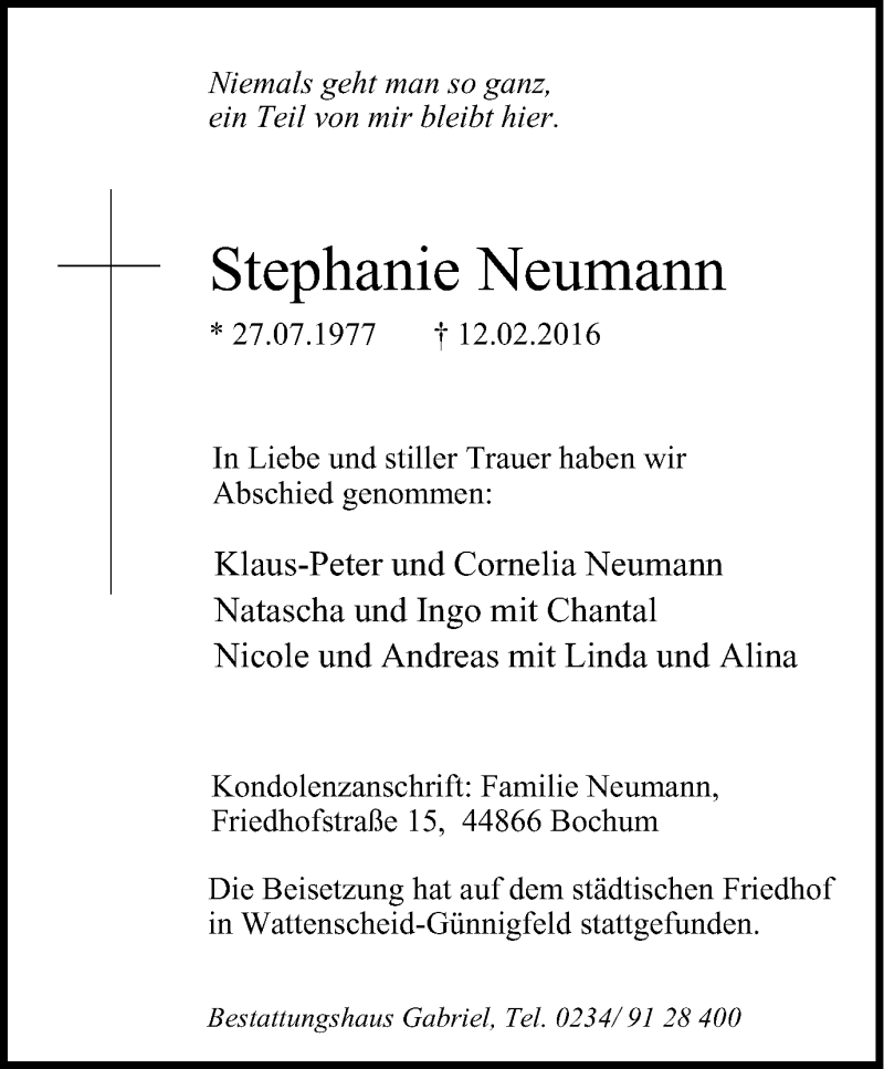  Traueranzeige für Stephanie Neumann vom 27.02.2016 aus Stadtspiegel Bochum + Wattenscheid