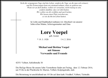 Traueranzeige von Lore Voepel von Stadtanzeiger Velbert + Heiligenhaus